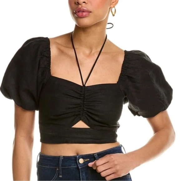 NWT! BODEN Halter Neck Cut Out Linen Crop Top US 12 Black Poof Sleeves Tie CUTE - Picture 1 of 15